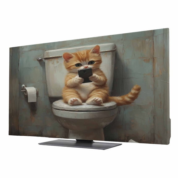 Funny Animal TV Dust Cover 40 Inch, Kitten Sitting on Toilet Kitten Playing Phone Computer Monitor Cover Dustproof Stretchable Indoor TV Screen Protector for LED LCD Universal Monitors