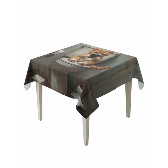Funny Animal Table Cloth 54x54 Inch Square, Kitten Sitting on Toilet Kitten Playing Phone Waterproof Tablecloth Washable Table Cover for Party Picnic Dinner Decor