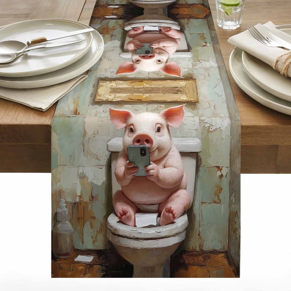 Funny Animal Table Runner 13x36 inch Pig Sitting on Toilet Cotton Linen Dining Table Runner Ideal for Dresser Kitchen Coffee Tables - Machine Washable