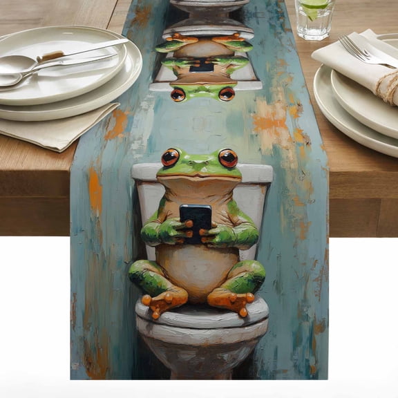 Funny Animal Table Runner 13x48 inch Frog Sitting on Toilet Cotton Linen Dining Table Runner Ideal for Dresser Kitchen Coffee Tables - Machine Washable