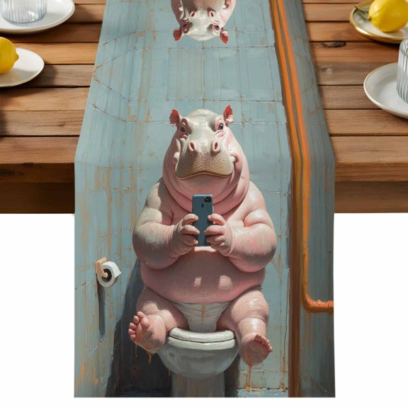 Funny Animal Table Runner, Hippo Sitting on Toilet Cotton Linen Table Cloth, Hippo Playing Phone Tablerunner for Kitchen Dining Party Wedding Home Decor 13x108 Inch