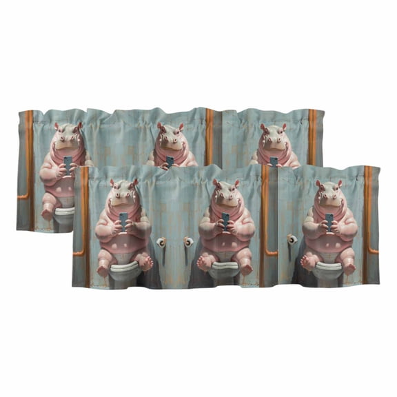 Funny Animal Valances for Windows 2 Panels Hippo Sitting on Toilet Hippo Playing Phone Rod Pocket Kitchen Curtain Valance Small Window Treatment for Living Room Bathroom Bedroom Over Sink 60x18 Inch