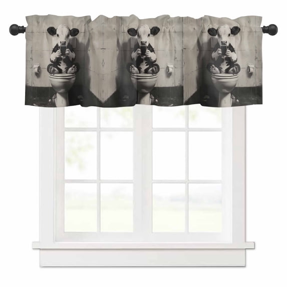 Funny Animal Valances for Windows Dairy Cow Sitting on Toilet Playing Phone Rod Pocket Curtain Valance Window Treatment Short Curtains for Kitchen Living Room, 60"x18"