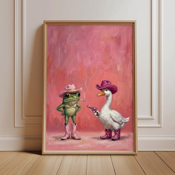 Funny Animal Wall Art, Quirky Dopamine Decor, Pink Cowboy Frog Poster, Weird Duck Painting, Eclectic Dorm Print, Fun Bathroom, Poster Only