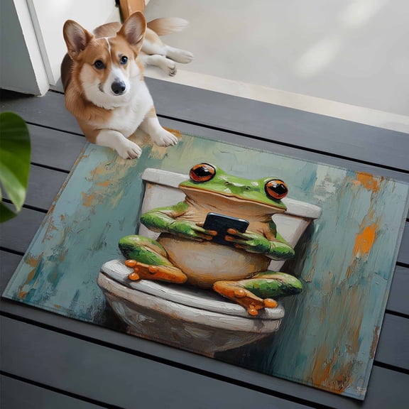Funny Animal Washable Area Rug 2x3 111 Frog Sitting on Toilet Frog Playing Phone Low-Profile Area Rugs with Non Slip Backing Indoor Floor Carpet for Entrance Living Room Bedroom Home Office