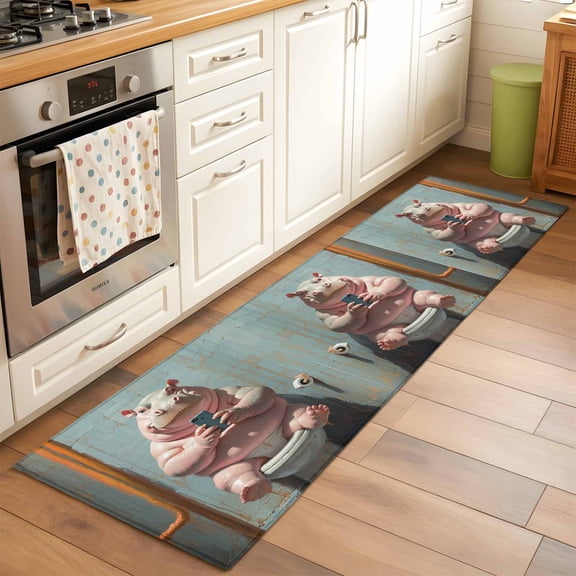 Funny Animal Washable Area Rug 2x6 111 Hippo Sitting on Toilet Hippo Playing Phone Low-Profile Area Rugs with Non Slip Backing Indoor Floor Carpet for Entrance Living Room Bedroom Home Office