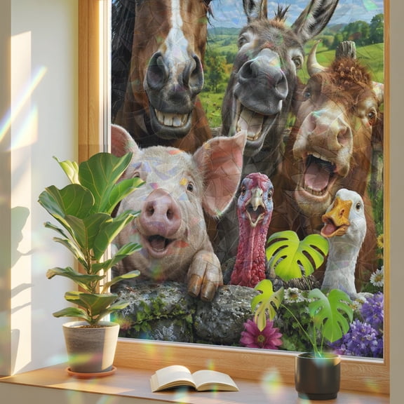 Funny Animal Window Privacy Film, Pig Donkey Horse Sheep Cow Rooster Farm Stained Glass Rainbow Film Decorative Window Clings, Static Cling Sun Blocking Stickers 17.7" x 39.3"