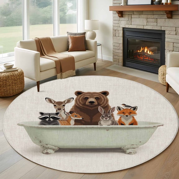 Funny Animals 6ft Round Rugs, Woodland Bathtub Wildlife Watercolor Bear Washable Non-Slip Area Rugs for Living Room Bedroom Kitchen, Soft Low Pile Dining Room Kicthen Circle Carpet, Indoor Floor Rug