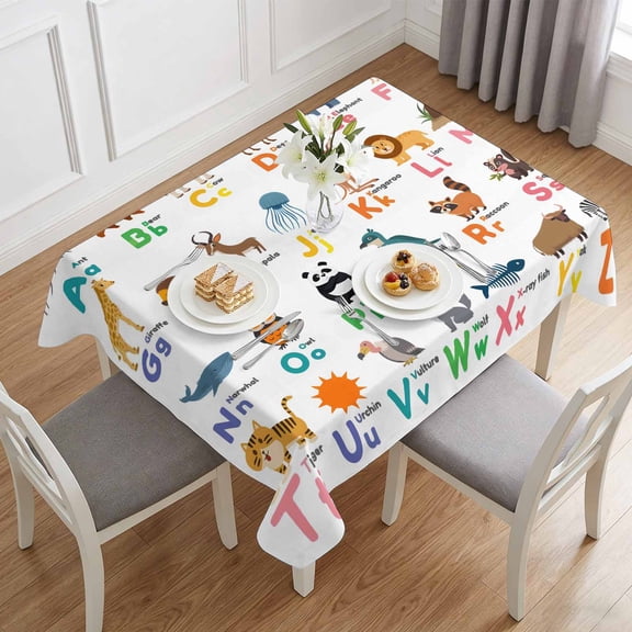 Funny Animals Alphabet Table Cloth 60x84in, Waterproof Rectangle Tablecloth Wipeable Tablecloths Wild Life English Character Table Covers for Dining Tables Party Indoor Outdoor