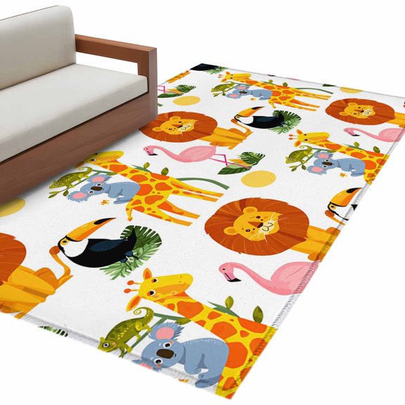 Funny Animals Area Rug 4x6 Washable Rug Non Slip Cartoon Lions Giraffes Flamingo Family Large Area Rug Indoor Floor Carpet for Entryway Bedroom Kitchen Living Room Home Office Dining Room Nursery