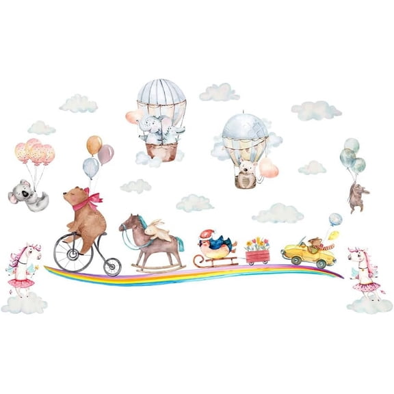 Funny Animals Party Wall Decal Mouse Bear Vinyl Wall Stickers Hot Air Balloon Clouds Rainbow Removable Wall Art Stickers for Nursery Living Room Decorations for DIY