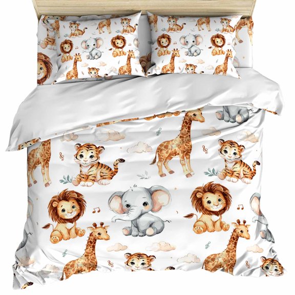 Funny Animals Set of 4 Bedding Quilt Covers, Cartoon Lions Giraffes Elephant Forest 4-Piece Bed Sheet Set with Extra Soft Bed Sheets Quilt Cover Pillowcase, Full