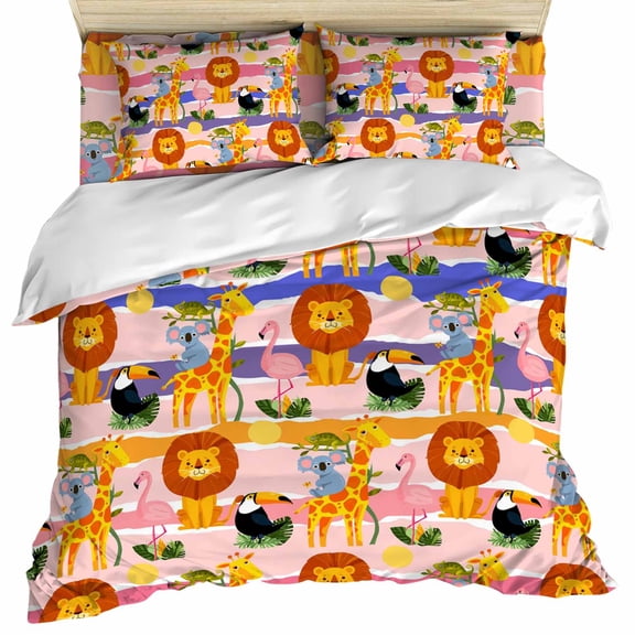 Funny Animals Set of 4 Bedding Quilt Covers, Lions Giraffes Flamingo Colorful Striped 4-Piece Bed Sheet Set with Extra Soft Bed Sheets Quilt Cover Pillowcase, Twin