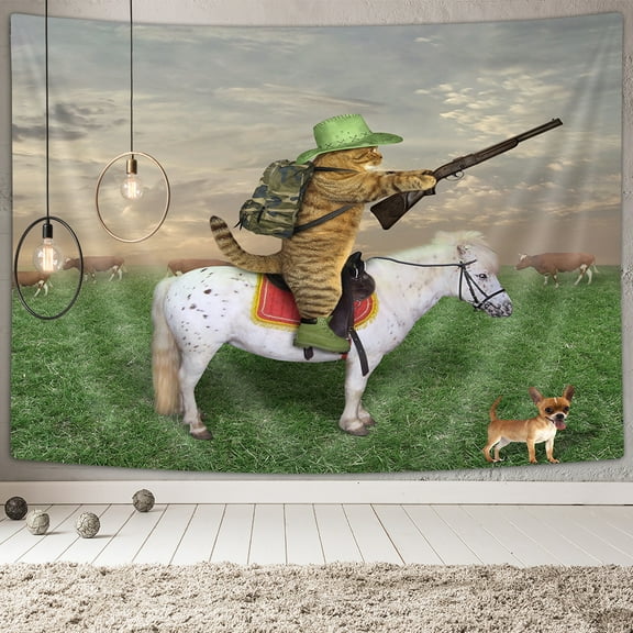 Funny Animals Tapestry, Cat Cowboy with Rifle Rides A Horse on Green Grass Ranch with Cow Dog Wall Tapestry, Tapestry Wall Hanging for Bedroom Living Room Dorm TV Background, 60X40IN