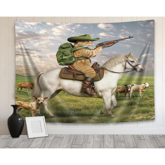 Funny Animals Tapestry, Cat Cowboy with Rifle Rides A Horse on Green Grass Ranch Cow Dog Wall Tapestry Hanging for Bedroom Living Room Dorm TV Background, 40X30IN