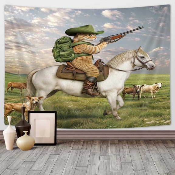 Funny Animals Tapestry,Cat Cowboy with Rifle Rides A Horse on Green Grass Ranch Cow Dog Wall Tapestry Hanging for Bedroom Living Room Dorm TV Background,60X50In