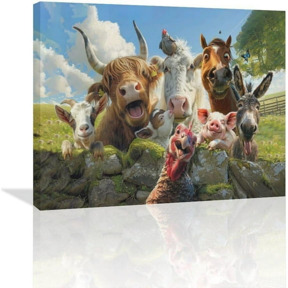 Funny Animals Wall Art Farmhouse Cow Donkey Pig Pictures Canvas Bathroom Decor Farm Horse Prints Painting Rustic Country Framed Artwork for Bedroom Living Room Kitchen Bathroom 12"x16"