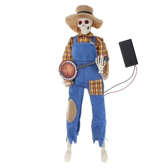 Funny Animated Banjo Skeleton, Cowboy Skull Statue, Animated Movement/Sound Activated Music, Multilingual Banjo Skeleton