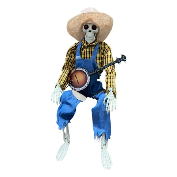 Funny Animated Banjo Skeletons Halloween Country Skeleton Musicians Figurine with Light Up Eyes Animated Musical Decor for Haunted House Party Decorations Cannot Sing Halloween Props