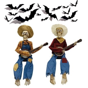 Funny Animated Dueling Banjo Skeletons 2pcs – Halloween Skeleton Duo with Light-Up Eyes, Music & Motion, Poseable Cowboy Skeleton Musicians for Haunted House & Party Decor (A+B, Light)