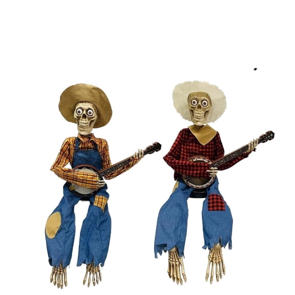 Funny Animated Dueling Banjo Skeletons 2pcs Halloween Skeleton Duo with Light-Up Eyes, Music & Motion, Poseable Cowboy Skeleton Musicians for Haunted House & Party Decor (A+B, Light)