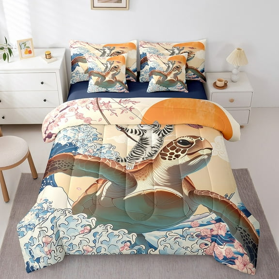 Funny Anime Bed in a Bag 7-Piece Cat Riding Sea Turtle Bedding Set, Japanese Cherry Blossoms Twin Size Comforter Set Ocean Animal Wildlife Bedding Comforter Sets, Sea Wave Bed Set