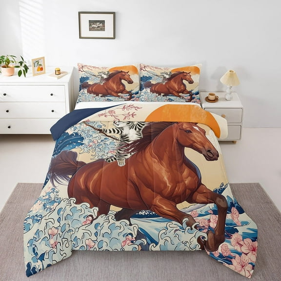 Funny Anime Bedding Twin Size Cat Riding Horse Comforter Set Twin, Japanese Cherry Blossoms Duvet Insert Ocean Animal Wildlife Quilt Comforter, Sea Wave Bedding Comforters & Sets