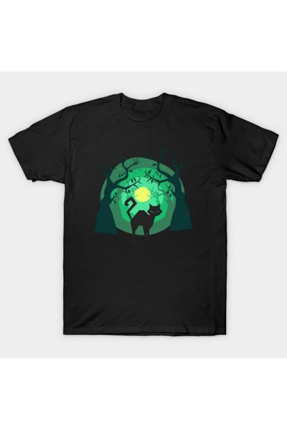 Funny Annoyed Black Cat in Creepy Woods Moody Gothic Artwork Print, H44246 Unisex T-Shirt, Up to 5XL Available