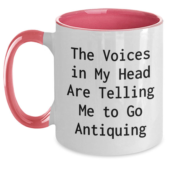 Funny Antiquing Gifts for Mom - Two Tone Coffee Mug with The Voices In My Head Are Telling Me To Go Antiquing Quote, Gifts from Friends and Family for Mother's Day
