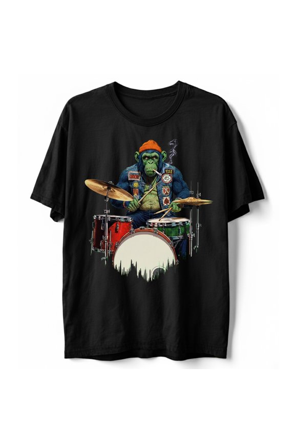 Funny Ape Playing Drum T-Shirt Chimp Drummer Smoking Monkey Rock Musician Tee