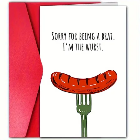Funny Apology Card with Sausage Illustration – "Sorry for Being a Brat, I'm the Wurst" – Blank Inside, Envelope Included – Perfect for Humor Lovers and Lighthearted Apologies