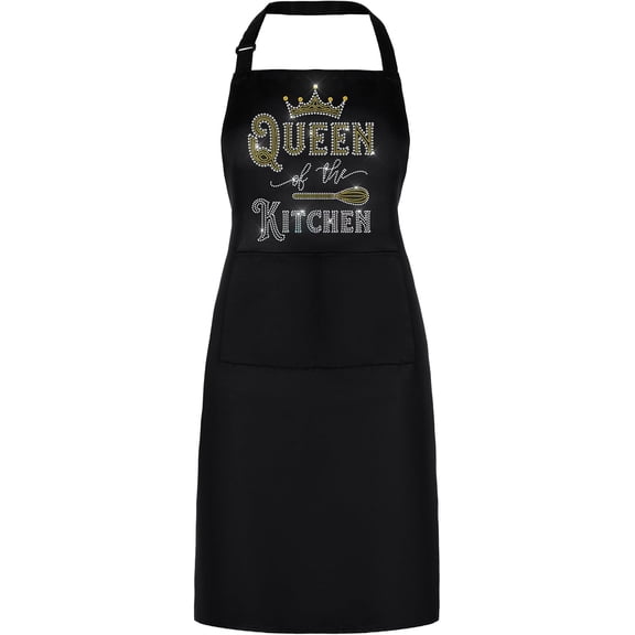 Funny Aprons for Women, Queen of The Kitchen Cooking Aprons, Women Rhinestone Custom Aprons, Adjustable Chef Baking Aprons Bib Black Aprons Gifts for Mom Wife Sister Grandma Grandmother