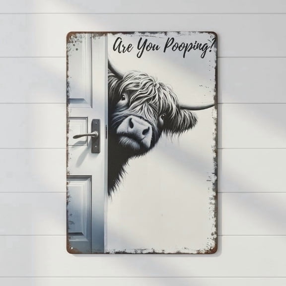 Funny "Are You Pooping" Highland Cow Bathroom Sign, Vintage Black & White Metal Wall Decor, Rustic Farmhouse Toilet Wall Art for Guest Restroom