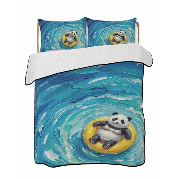 Funny Art 3 Piece Quilt Bedding Set with 2 Pillow Shams, Summer Panda Swimming Blue Sea View Oil Painting Lightweight Bedspread Coverlet, Soft Breathable All Season Quilt, 68 x 86 Inch