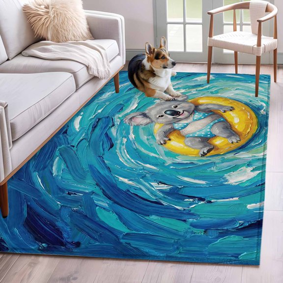Funny Art Area Rugs 4x6 ft Summer Koala Swimming Blue Sea View Oil Painting Washable Rug Non Slip Indoor Carpet Absorbent Floor Mat for Living Room Bedroom Dining Room