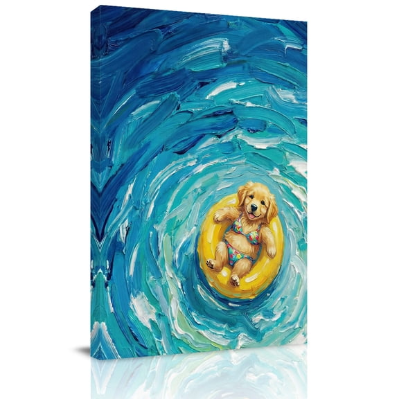 Funny Art Canvas Wall Art for Living Room, Summer Cute Dog Swimming Blue Sea View Oil Painting Poster Print Painting for Bedroom Office Home Decoration Wall Pictures Prepare To Hang 16"x24"