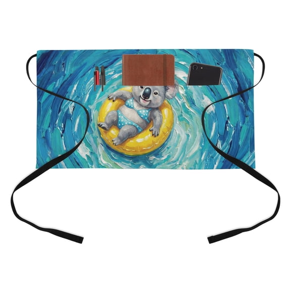 Funny Art Kitchen Restaurant Half Waist Apron, Summer Koala Swimming Blue Sea View Oil Painting Server Short Apron with 3 Pockets Waterproof Oil Waist Aprons for Women Waitress Waiter
