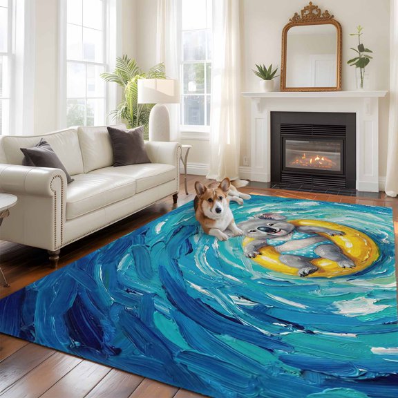 Funny Art Large Area Rugs 6x9 ft Summer Koala Swimming Blue Sea View Oil Painting Washable Rug Non Slip Indoor Carpet Absorbent Floor Mat for Living Room Bedroom Dining Room