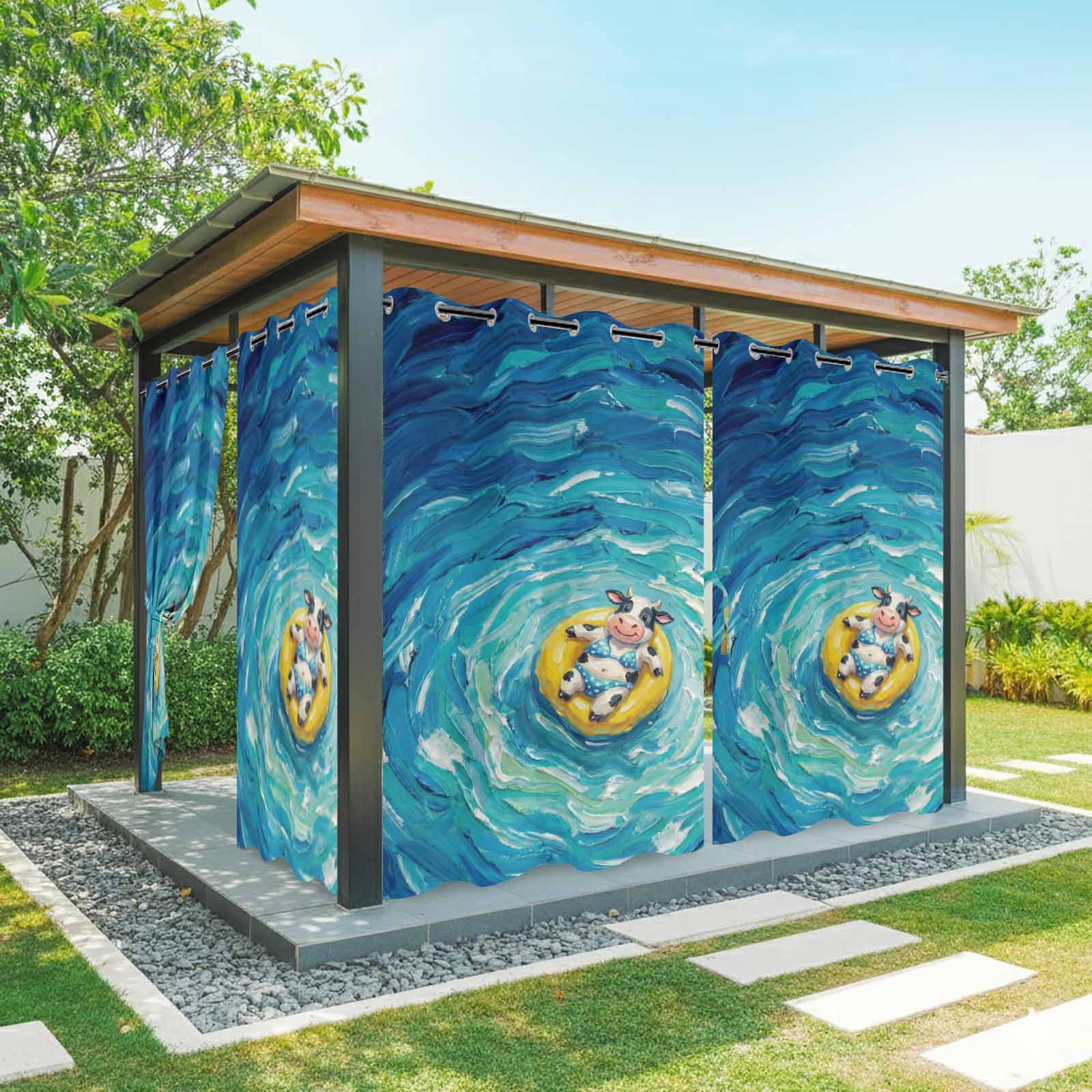 Funny Art Outdoor Curtains for Patio, Summer Cow Swimming Blue Sea View Oil Painting Sunshade Privacy Drapes Grommet Waterproof Outside Curtains for Porch/Cabana/Balcony 54"x 108", 1 Panel