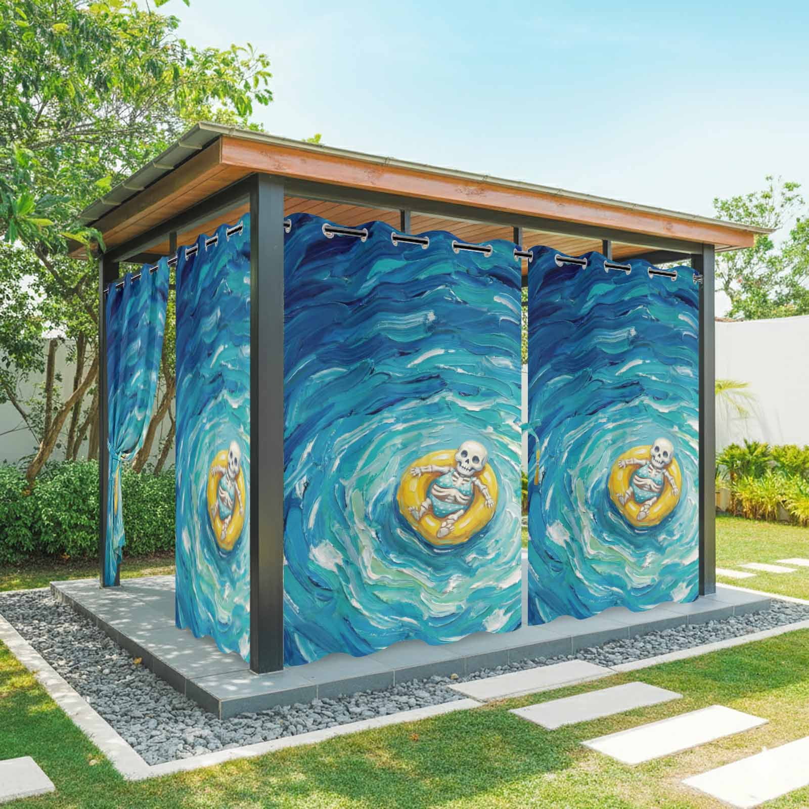 Funny Art Outdoor Curtains for Patio, Summer Skeleton Swimming Blue Sea View Oil Painting Sunshade Privacy Drapes Grommet Waterproof Outside Curtains for Porch/Cabana/Balcony 54"x 108", 1 Panel