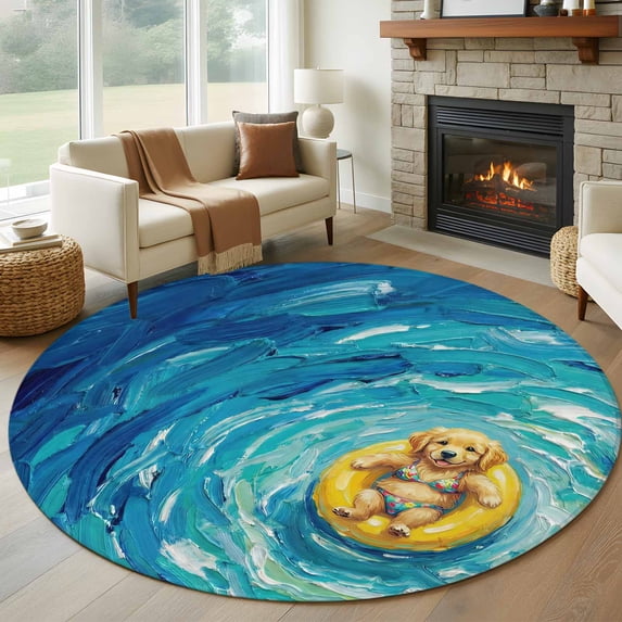 Funny Art Round Living Room Rugs 6 ft, Summer Cute Dog Swimming Blue Sea View Oil Painting Washable Area Rug with Non-Slip Sturdy Edge Binding Round Carpet for Kitchen Office Bedroom