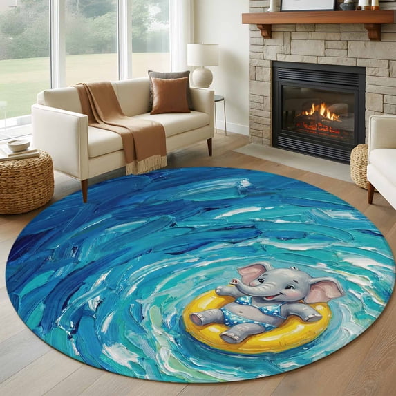Funny Art Round Living Room Rugs 8 ft, Summer Elephant Swimming Blue Sea View Oil Painting Washable Large Area Rug with Non-Slip Sturdy Edge Binding Round Carpet for Dining Room Kitchen Office