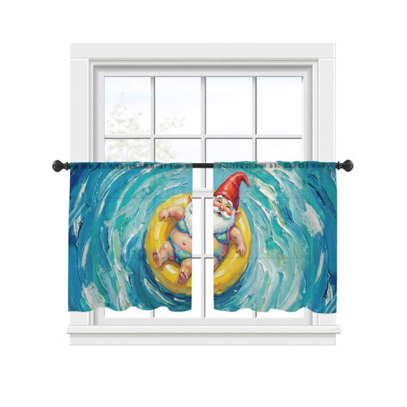 Funny Art Sheer Curtains 2 Panels Set Summer Gnome Swimming Blue Sea View Oil Painting Sheer Window Curtains Light Filtering Rod Pocket Voile Drapes for Bedroom Living Room 52"x45"