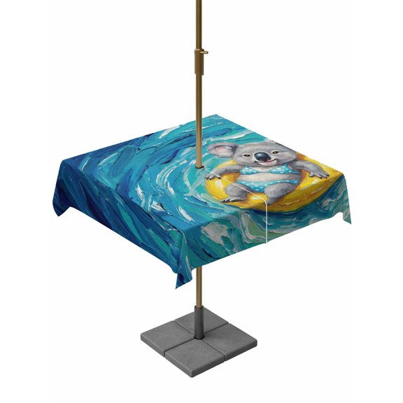 Funny Art Square Outdoor Tablecloth with Umbrella Hole Summer Koala Swimming Blue Sea View Oil Painting 60x60 Inch Waterproof Table Cover Zippered Table Cloth for Garden Patio