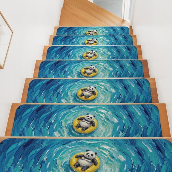 Funny Art Stair Treads Non Slip for Steps Summer Panda Swimming Blue Sea View Oil Painting 10 Pcs Reusable Adhesive Stair Runner Mats for Dogs Elders Carpet Treads Rugs for Staircase 8x30 In