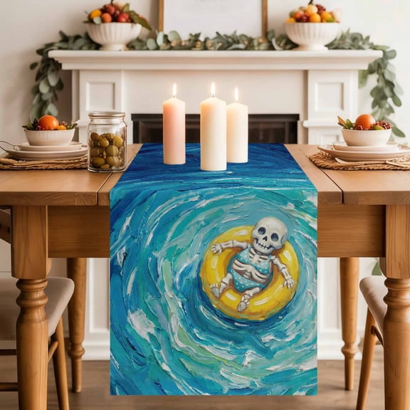 Funny Art Table Runner, Summer Skeleton Swimming Blue Sea View Oil Painting Cotton Linen Kitchen Table Decoration Washable Dining Tabletop Runners for Home Party Decor 13x36 Inches