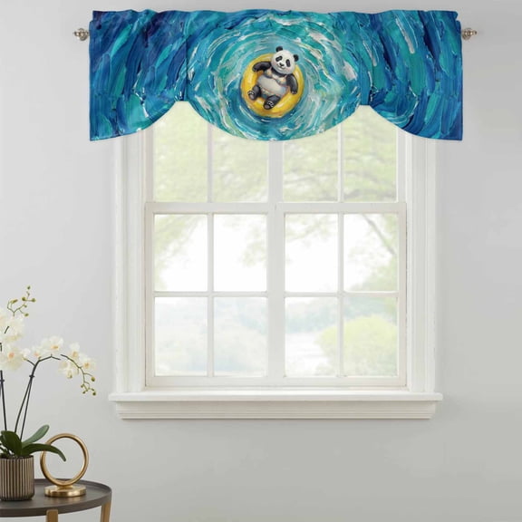 Funny Art Tie Up Valances Curtain, Summer Panda Swimming Blue Sea View Oil Painting Adjustable Valance for Window Light Filtering for Kitchen and Bathroom Rod Pocket 1 Panel 42x12in