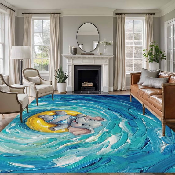 Funny Art Washable Living Room Rugs 6'x9', Summer Elephant Swimming Blue Sea View Oil Painting Low Pile Throw Large Area Rug Non-Slip Sturdy Edge Binding Carpet for Dining Room Kitchen Office