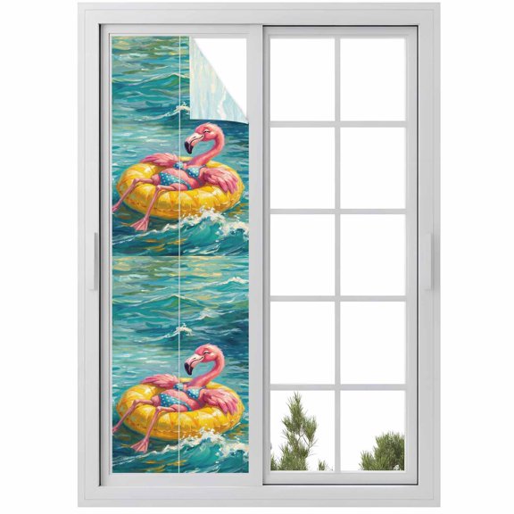 Funny Art Window Privacy Film, Summer Flaming Birds Swimming Circles Oil Painting Frosted Glass Window Clings Static Cling UV Heat Blocking Reusable Door Sticker for Bathroom 29.5 x 118 Inch