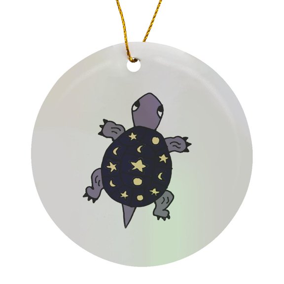 3drose, Funny Artistic Purple Turtle with Stars and Moons on His Shell, Circle Porcelain Ornament
